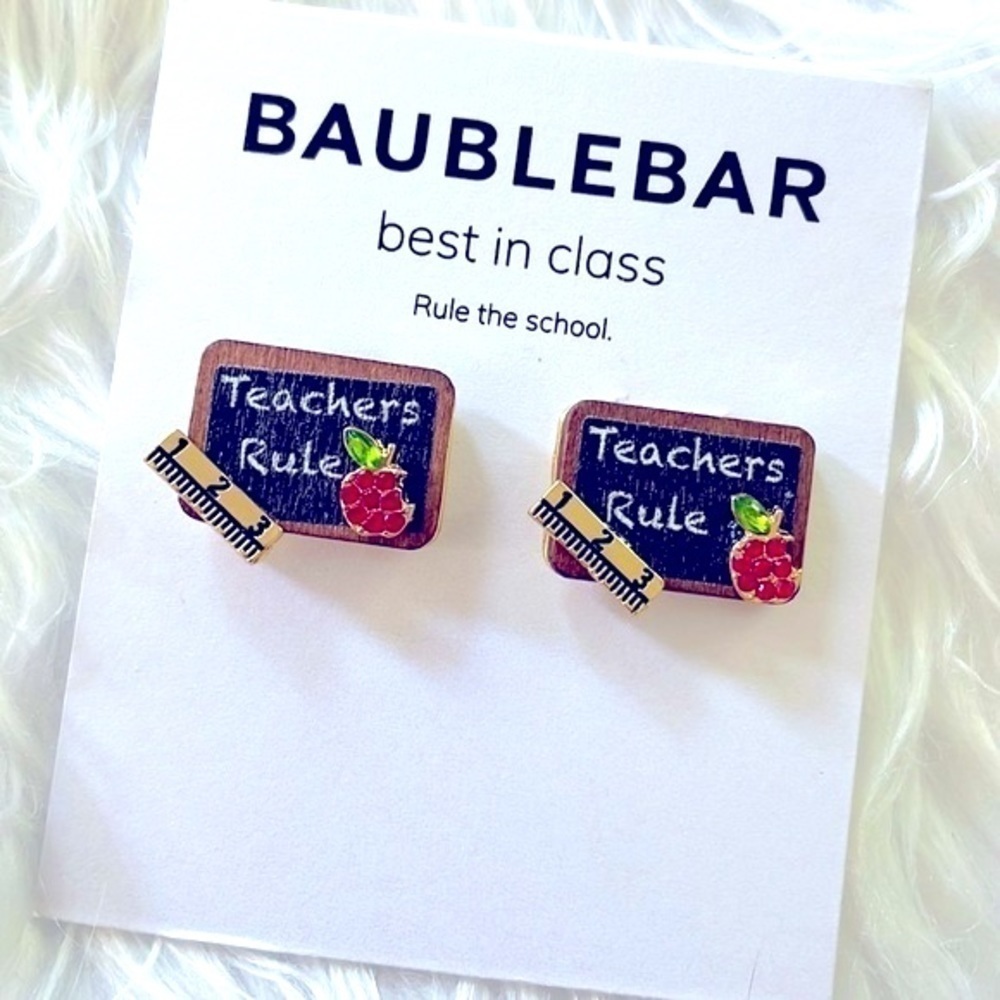 Brand New BaubleBar School “Teachers Rule” Chalkboard Apple Ruler Post Earrings